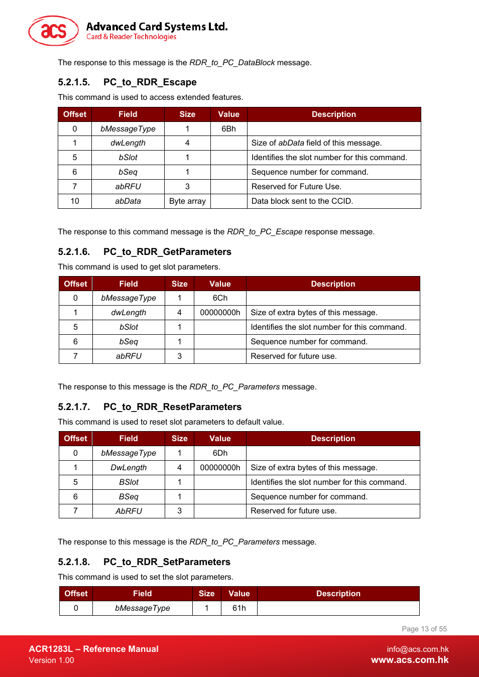 Pc_to_rdr_escape, Pc_to_rdr_getparameters, Pc_to_rdr_resetparameters | Pc_to_rdr_setparameters | ACS ACR1283L User Manual | Page 13 / 55