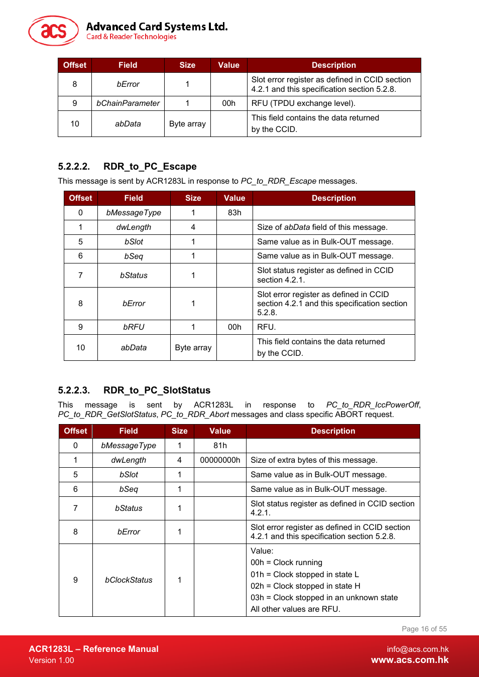 Rdr_to_pc_escape, Rdr_to_pc_slotstatus | ACS ACR1283L User Manual | Page 16 / 55