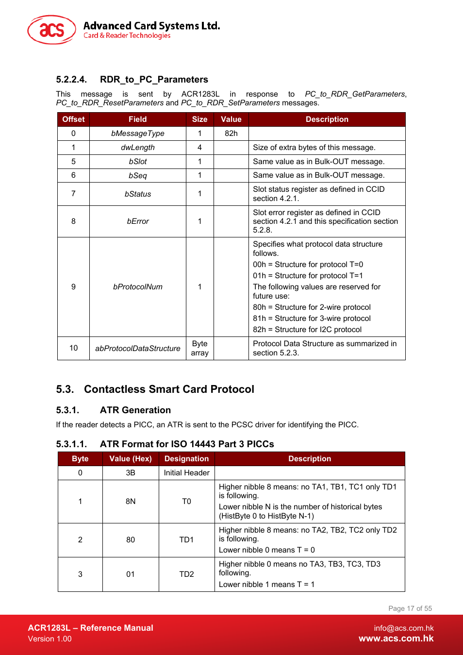 Rdr_to_pc_parameters, Contactless smart card protocol, Atr generation | Atr format for iso 14443 part 3 piccs | ACS ACR1283L User Manual | Page 17 / 55