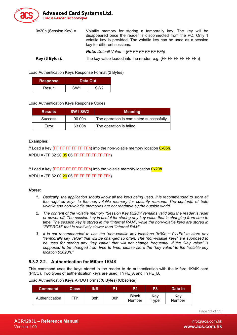 Authentication for mifare 1k/4k | ACS ACR1283L User Manual | Page 21 / 55