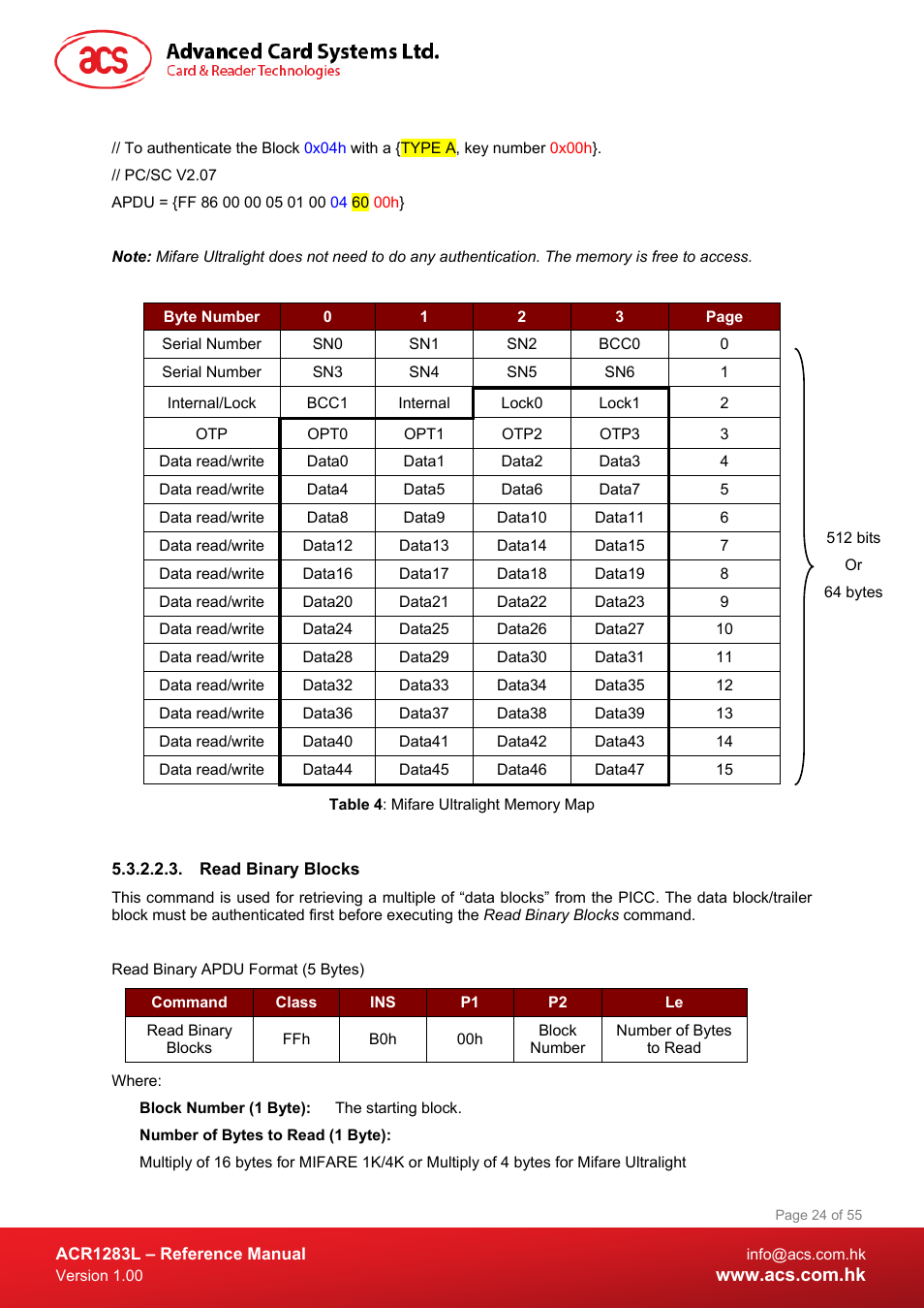 Read binary blocks, Table 4 : mifare ultralight memory map | ACS ACR1283L User Manual | Page 24 / 55