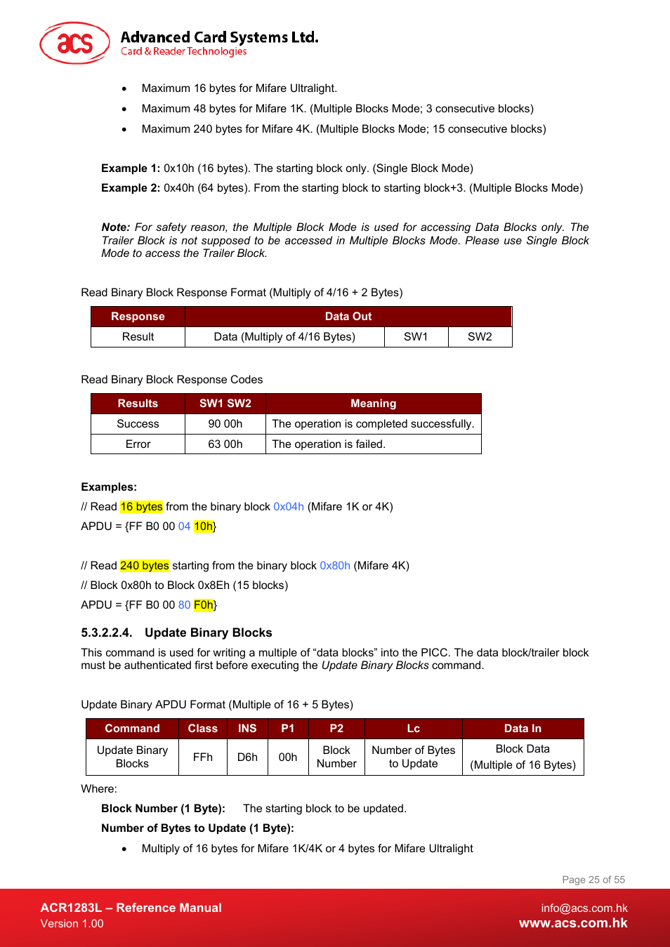 Update binary blocks | ACS ACR1283L User Manual | Page 25 / 55