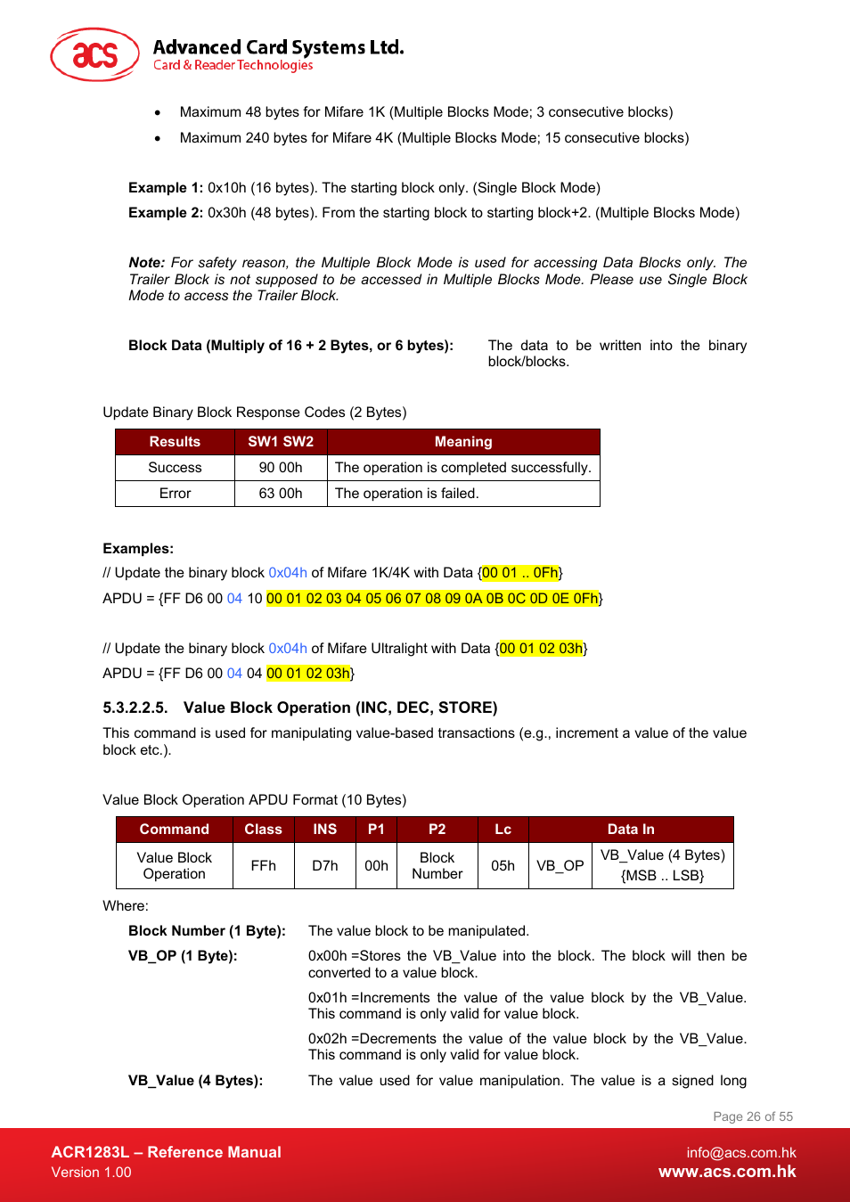 Value block operation (inc, dec, store) | ACS ACR1283L User Manual | Page 26 / 55