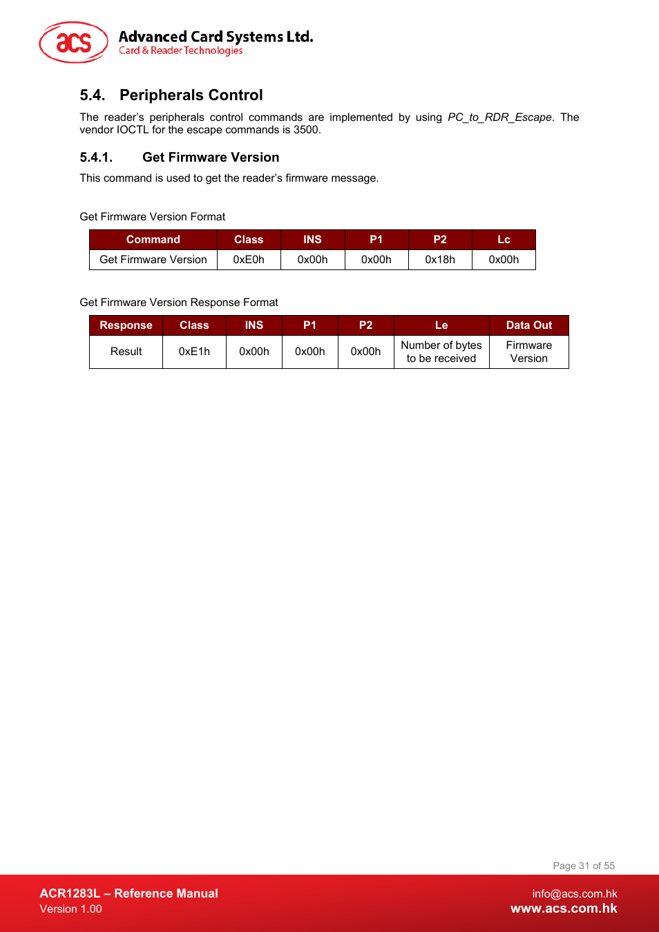 Peripherals control, Get firmware version | ACS ACR1283L User Manual | Page 31 / 55