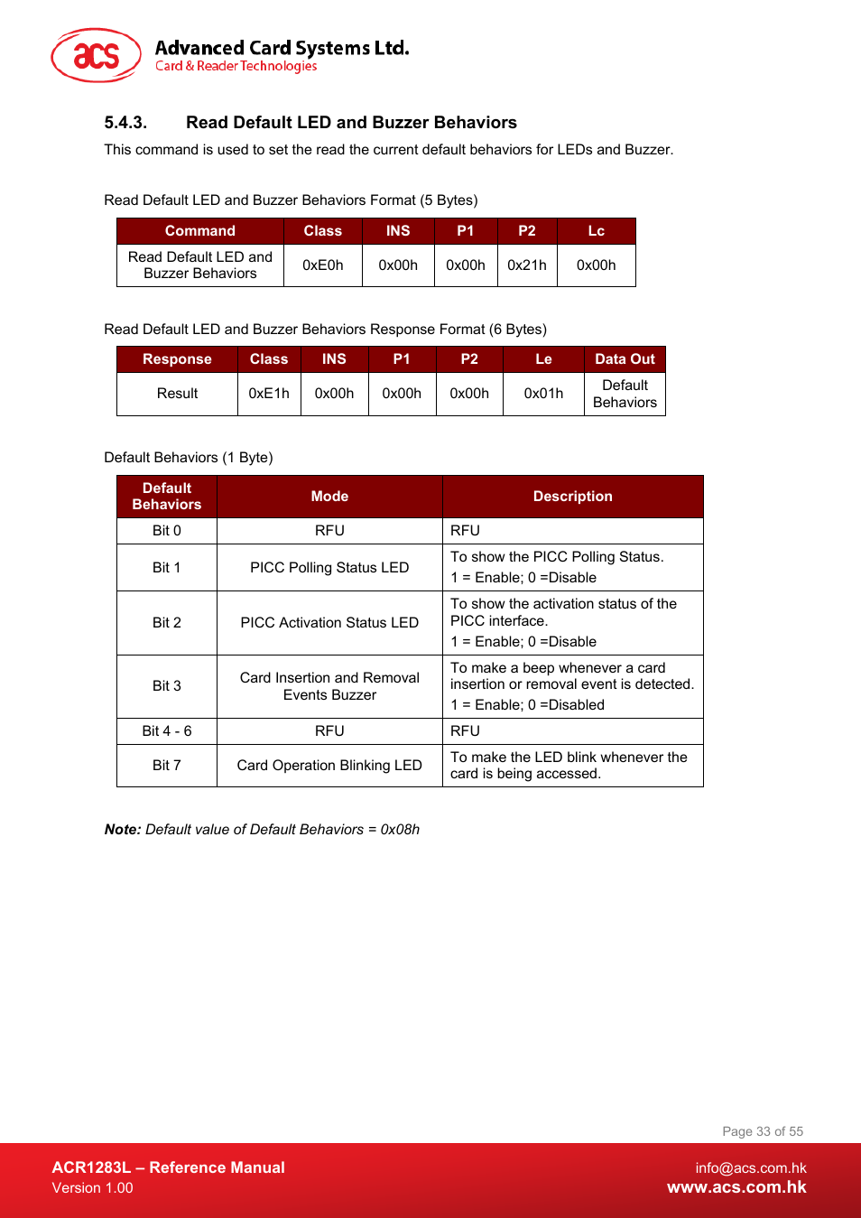 Read default led and buzzer behaviors | ACS ACR1283L User Manual | Page 33 / 55