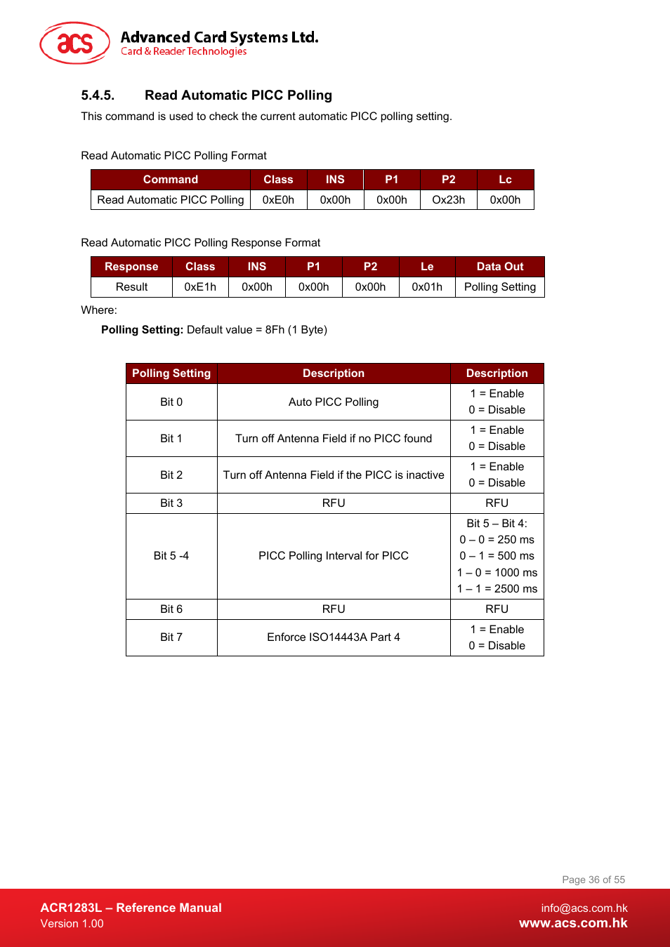 Read automatic picc polling | ACS ACR1283L User Manual | Page 36 / 55