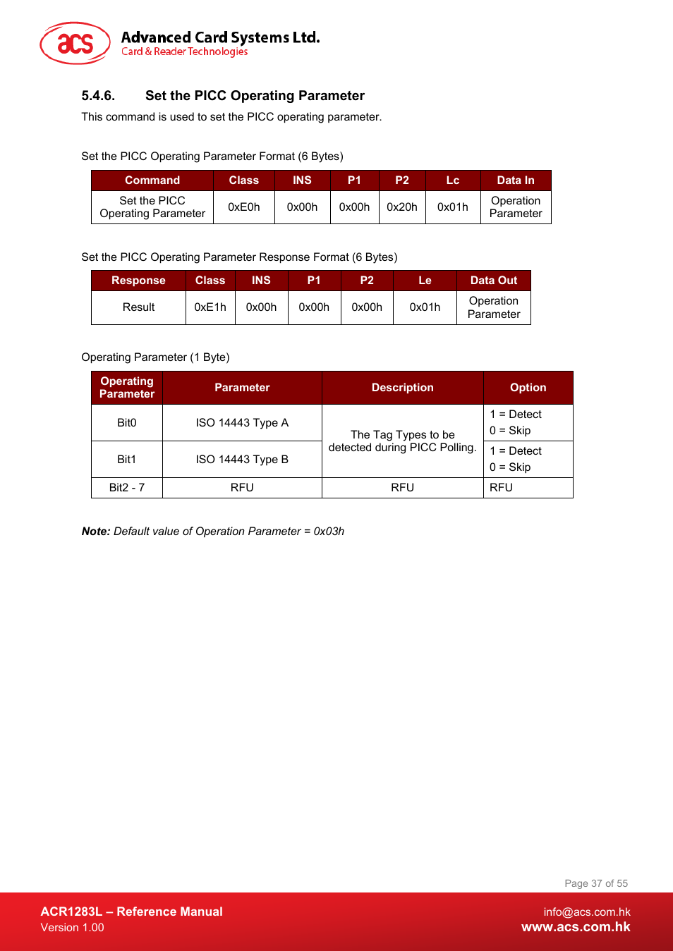 Set the picc operating parameter | ACS ACR1283L User Manual | Page 37 / 55
