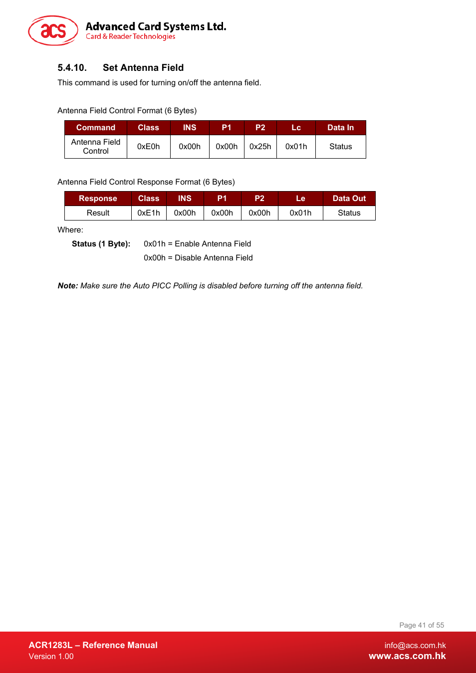 Set antenna field | ACS ACR1283L User Manual | Page 41 / 55