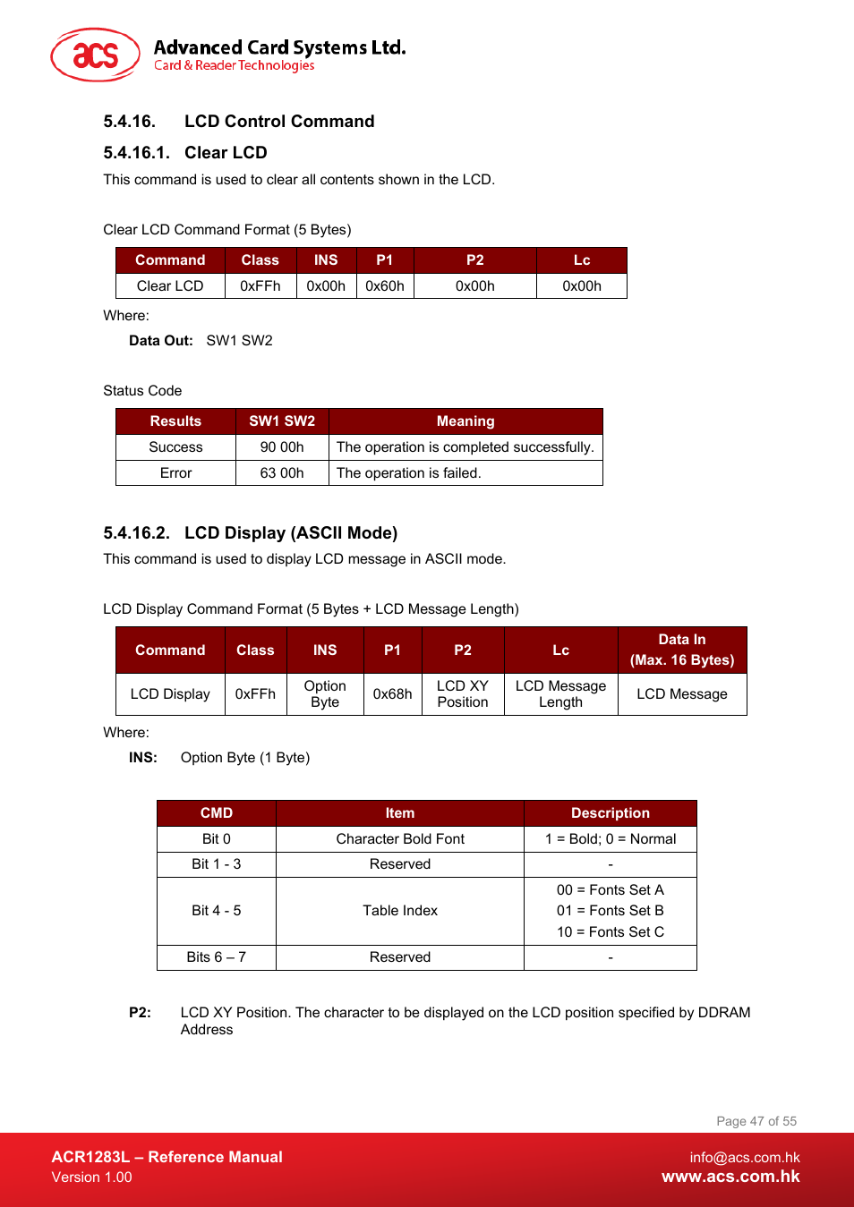 Lcd control command, Clear lcd, Lcd display (ascii mode) | ACS ACR1283L User Manual | Page 47 / 55