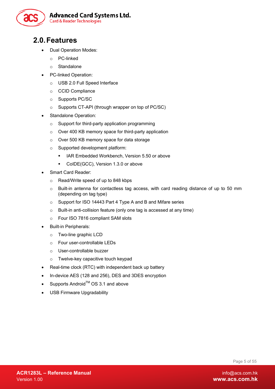 Features | ACS ACR1283L User Manual | Page 5 / 55