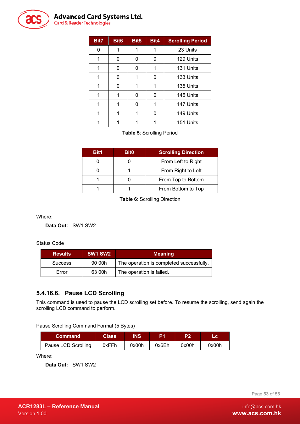 Pause lcd scrolling, Table 5 : scrolling period, Table 6 : scrolling direction | ACS ACR1283L User Manual | Page 53 / 55