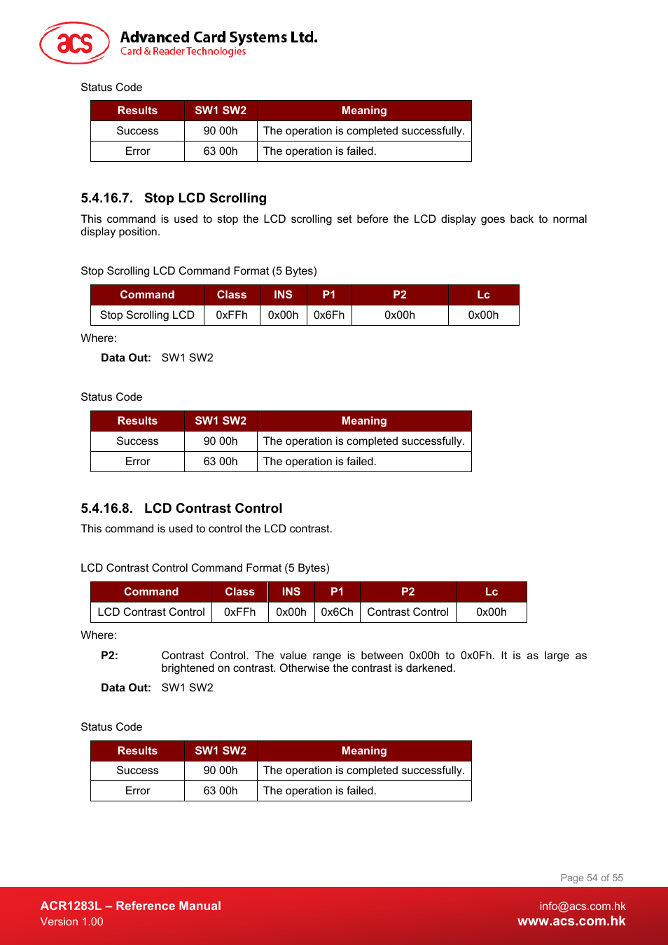 Stop lcd scrolling, Lcd contrast control | ACS ACR1283L User Manual | Page 54 / 55