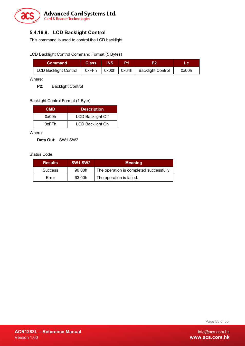 Lcd backlight control | ACS ACR1283L User Manual | Page 55 / 55