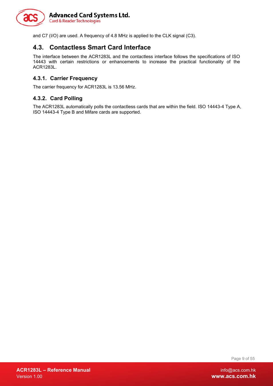 Contactless smart card interface, Carrier frequency, Card polling | ACS ACR1283L User Manual | Page 9 / 55