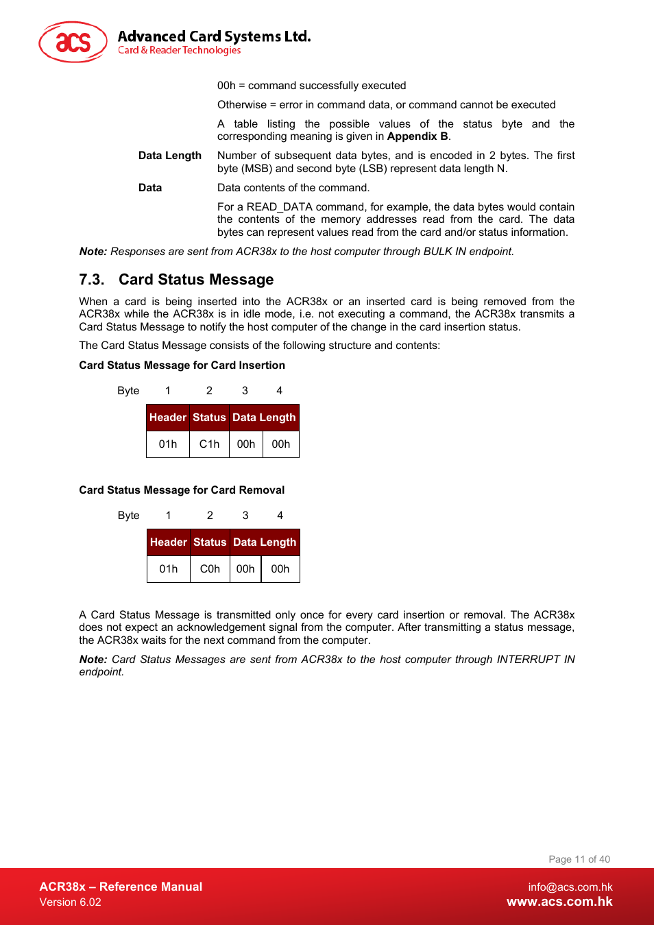 Card status message | ACS ACR38 SAM Smart Card Reader User Manual | Page 11 / 40