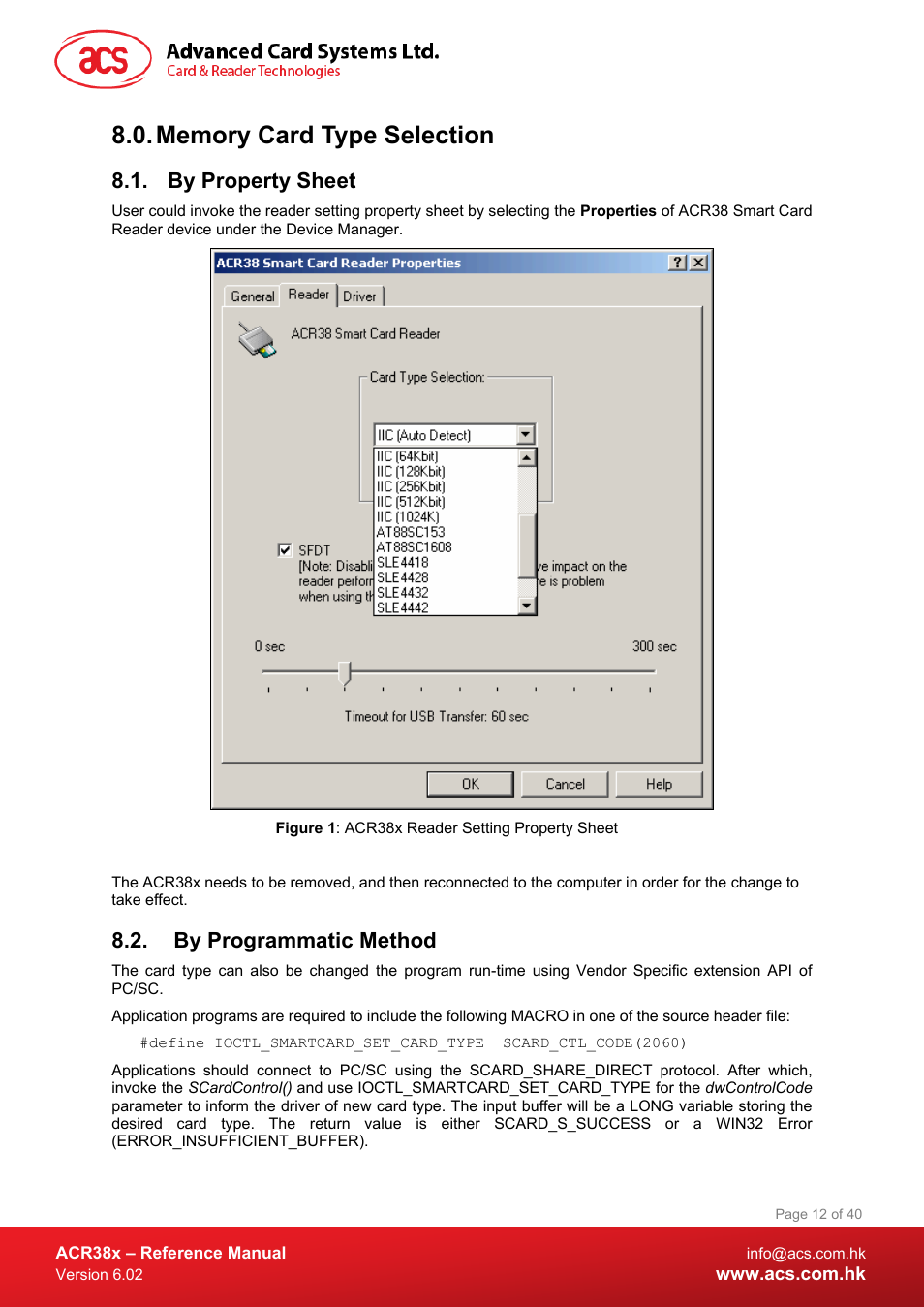 Memory card type selection, By property sheet, By programmatic method | Figure 1 : acr38x reader setting property sheet | ACS ACR38 SAM Smart Card Reader User Manual | Page 12 / 40