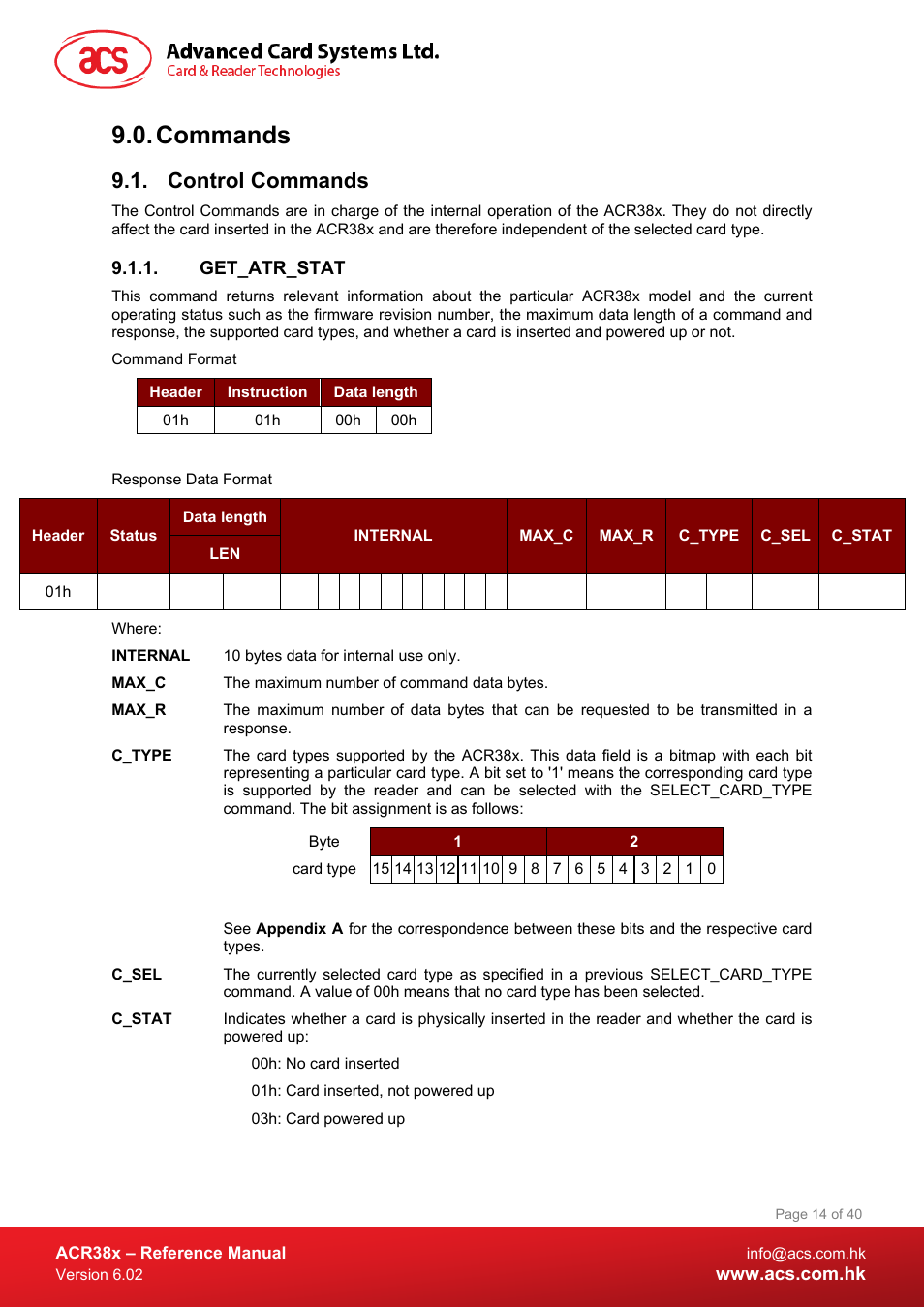 Commands, Control commands, Get_atr_stat | ACS ACR38 SAM Smart Card Reader User Manual | Page 14 / 40