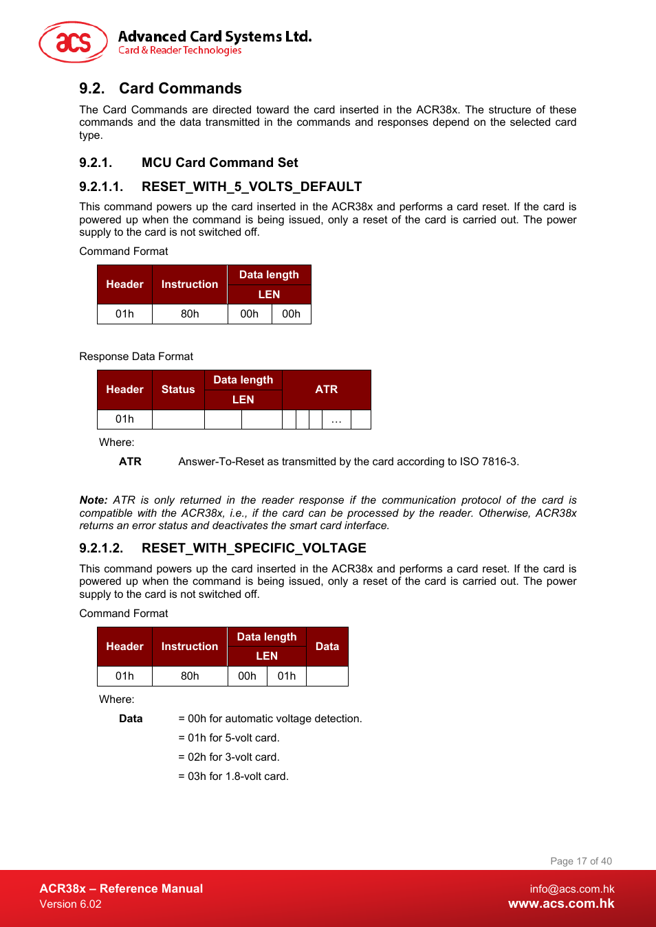 Card commands, Mcu card command set, Reset_with_5_volts_default | Reset_with_specific_voltage | ACS ACR38 SAM Smart Card Reader User Manual | Page 17 / 40