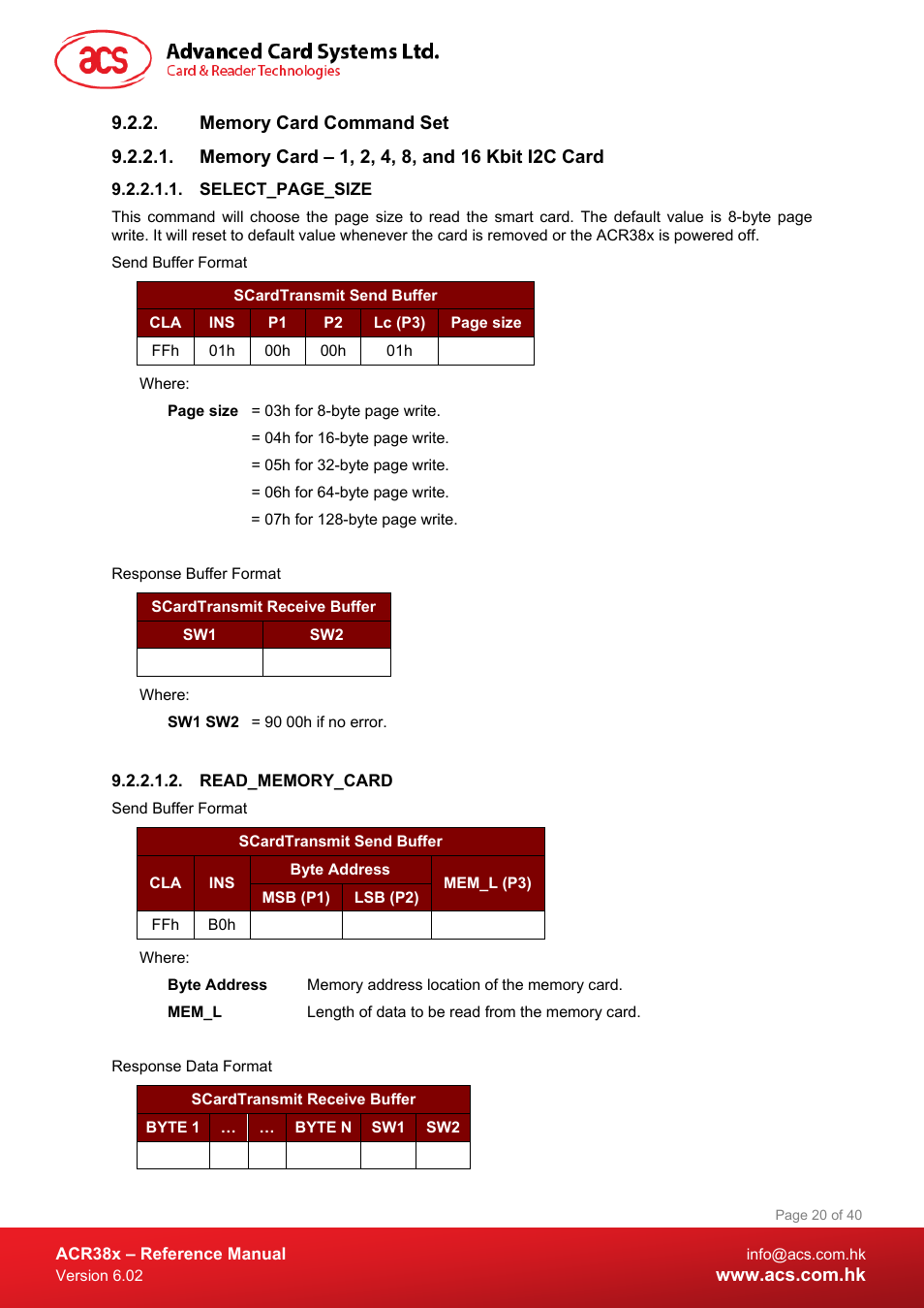 Memory card command set, Memory card – 1, 2, 4, 8, and 16 kbit i2c card, Read_memory_card | ACS ACR38 SAM Smart Card Reader User Manual | Page 20 / 40