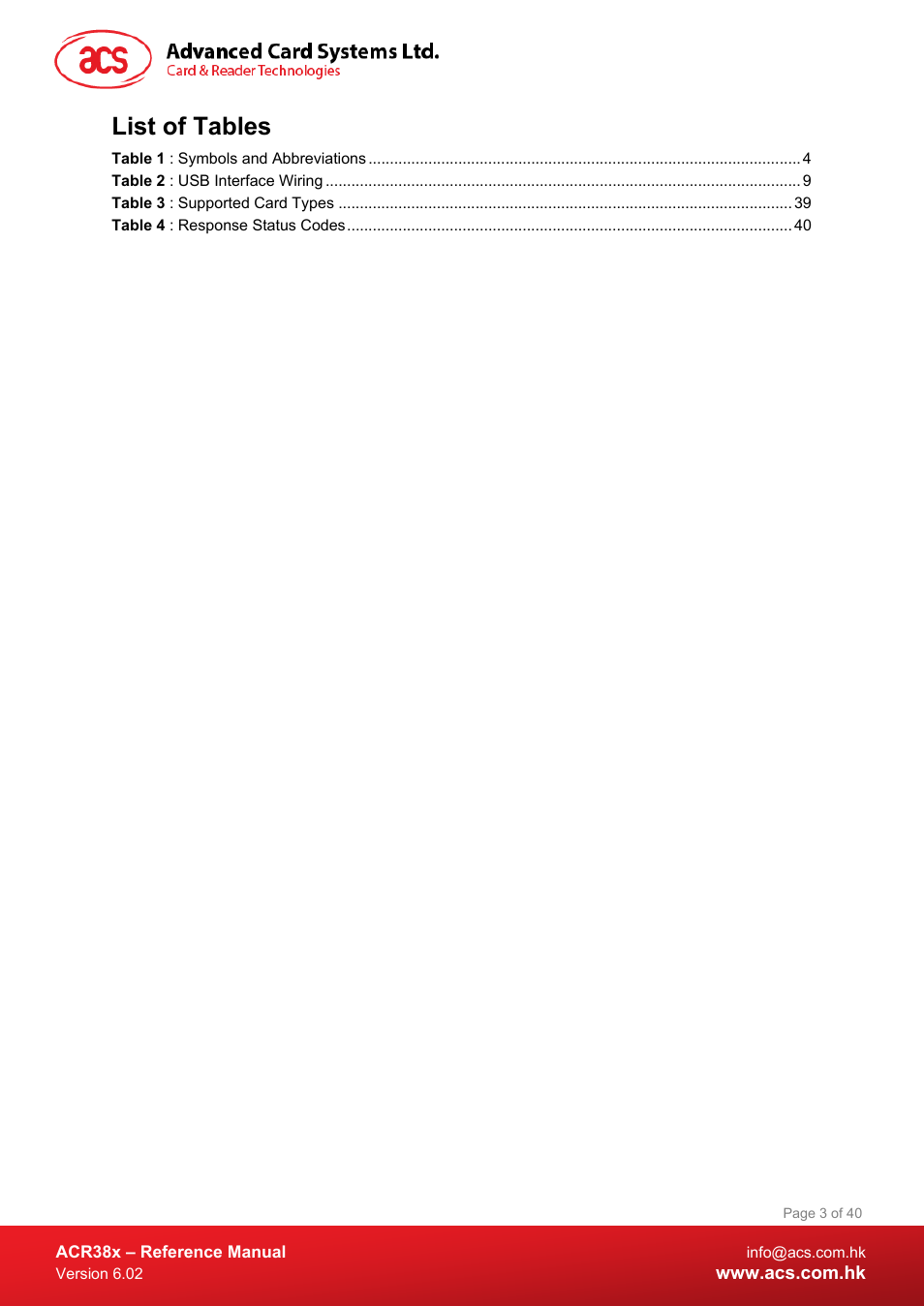 List of tables | ACS ACR38 SAM Smart Card Reader User Manual | Page 3 / 40