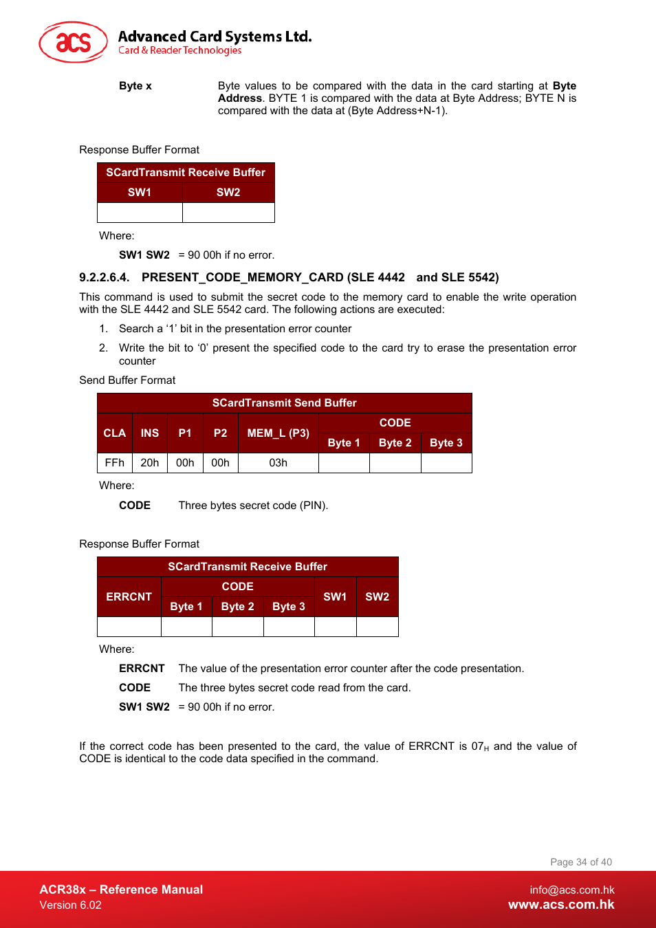 Present_code_memory_card (sle 4442 and sle 5542) | ACS ACR38 SAM Smart Card Reader User Manual | Page 34 / 40