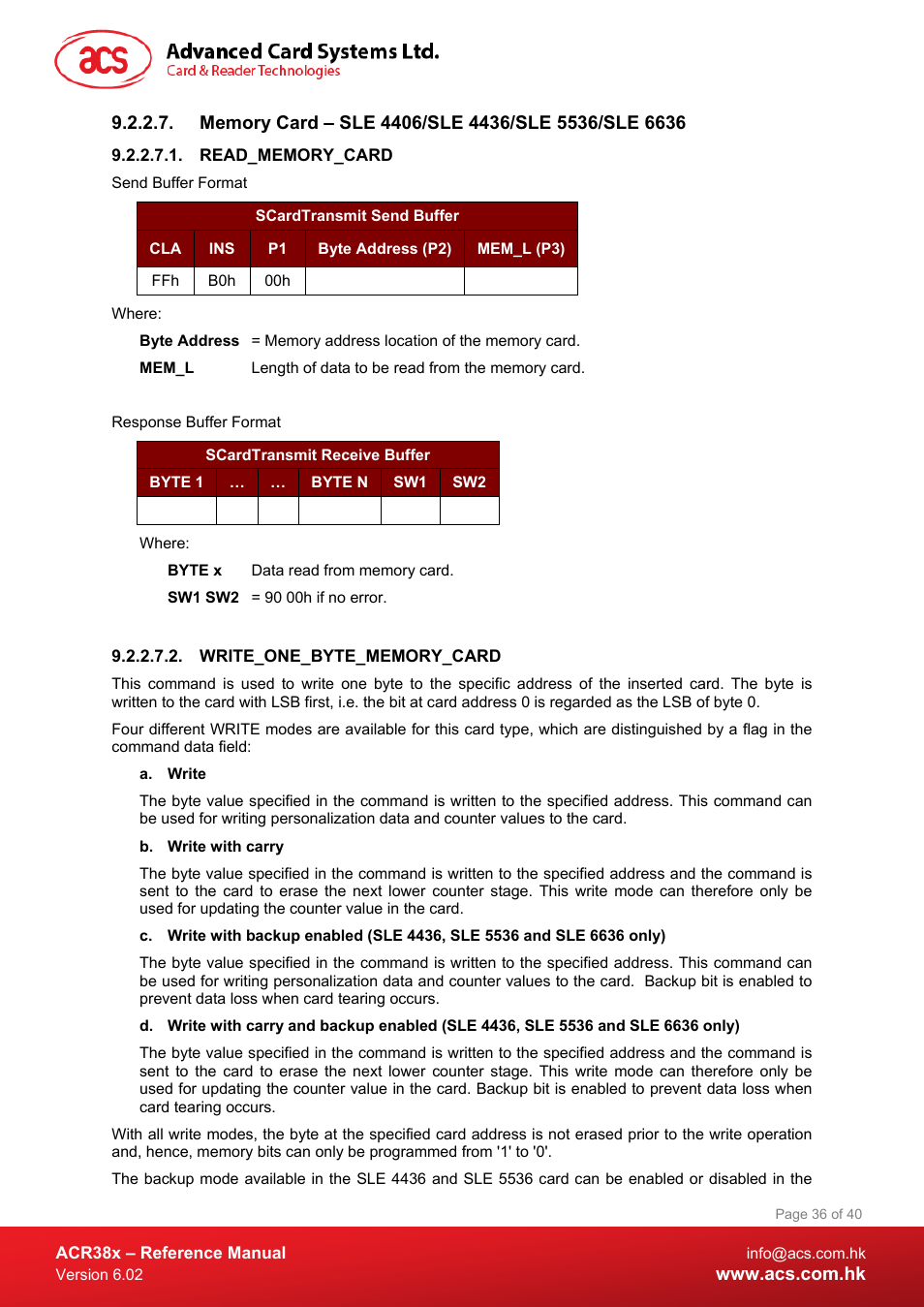 Memory card – sle 4406/sle 4436/sle 5536/sle 6636, Read_memory_card, Write_one_byte_memory_card | ACS ACR38 SAM Smart Card Reader User Manual | Page 36 / 40
