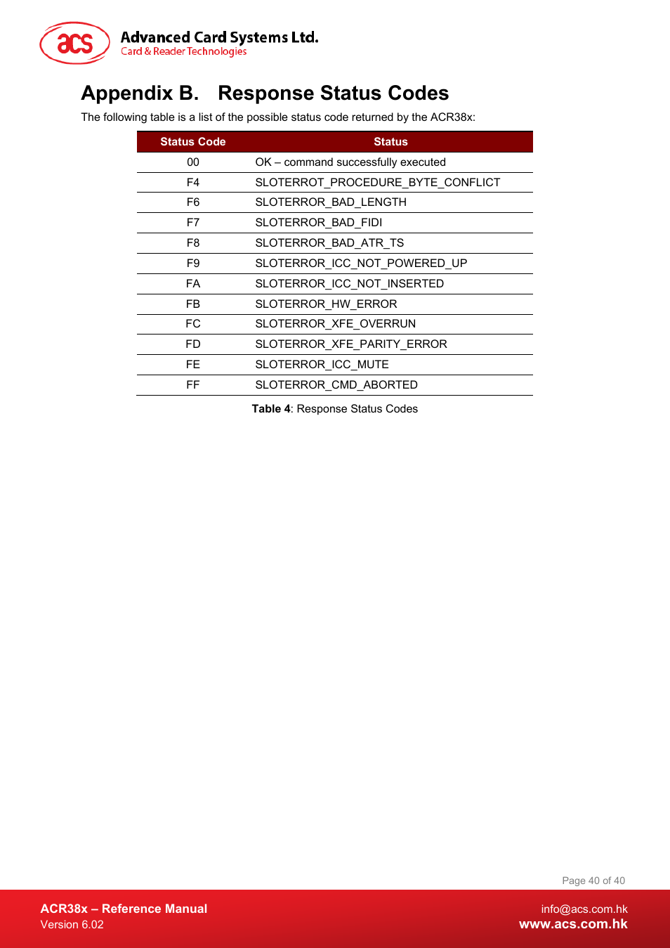 Response status codes, Appendix b. response status codes, Table 4 : response status codes | ACS ACR38 SAM Smart Card Reader User Manual | Page 40 / 40