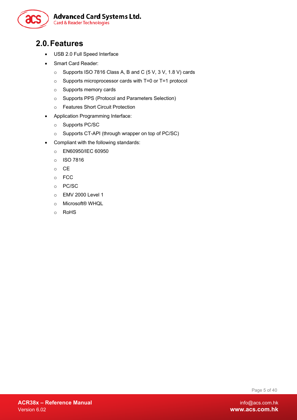 Features | ACS ACR38 SAM Smart Card Reader User Manual | Page 5 / 40