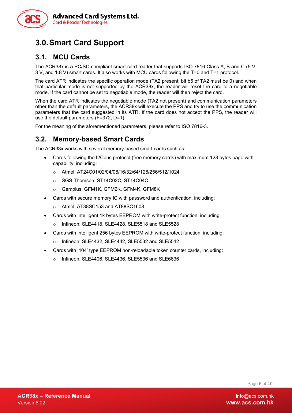 Smart card support, Mcu cards, Memory-based smart cards | ACS ACR38 SAM Smart Card Reader User Manual | Page 6 / 40