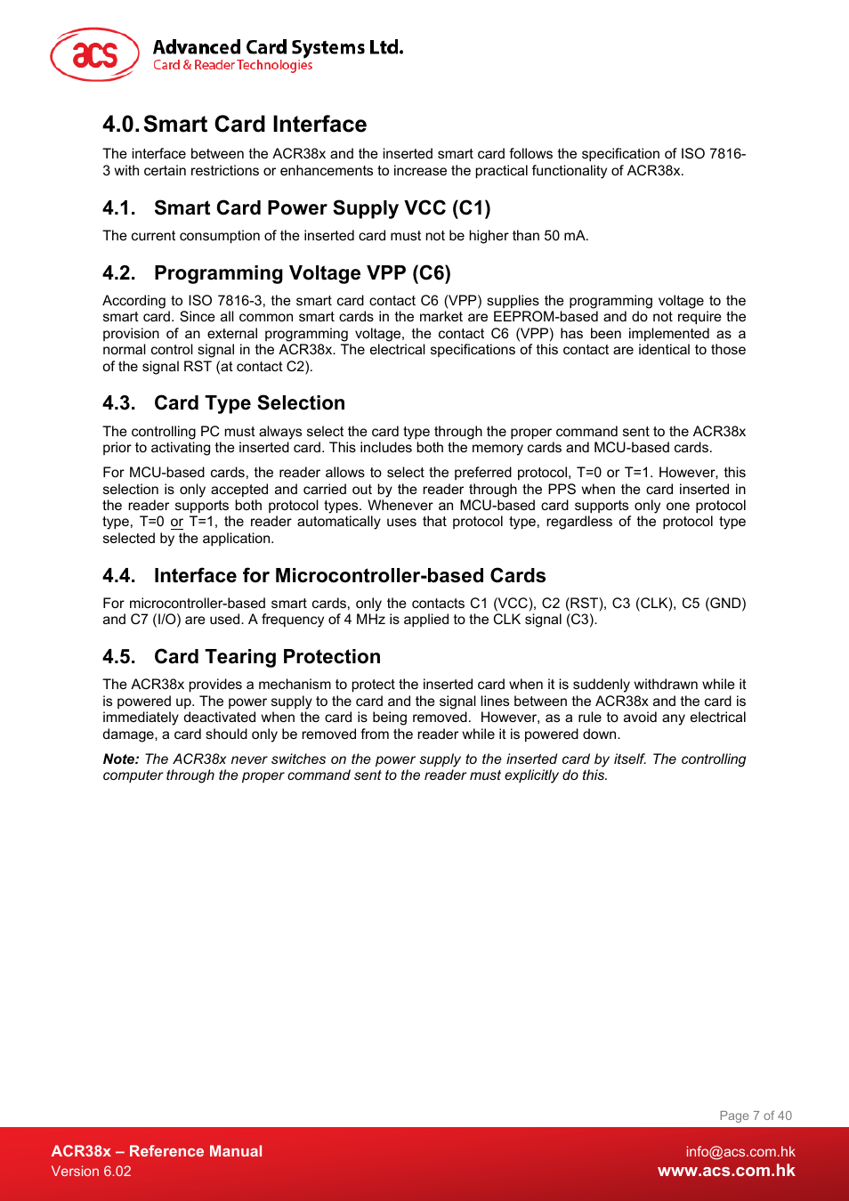 Smart card interface, Smart card power supply vcc (c1), Programming voltage vpp (c6) | Card type selection, Interface for microcontroller-based cards, Card tearing protection | ACS ACR38 SAM Smart Card Reader User Manual | Page 7 / 40