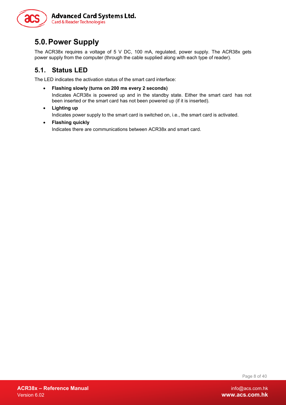 Power supply, Status led | ACS ACR38 SAM Smart Card Reader User Manual | Page 8 / 40