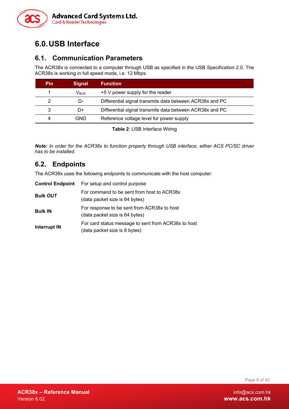 Usb interface, Communication parameters, Endpoints | Table 2 : usb interface wiring | ACS ACR38 SAM Smart Card Reader User Manual | Page 9 / 40