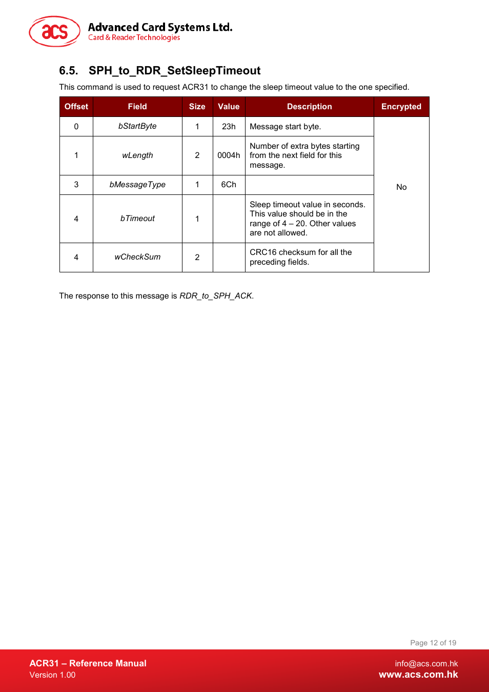 Sph_to_rdr_setsleeptimeout | ACS ACR31 Swipe Card Reader User Manual | Page 12 / 19