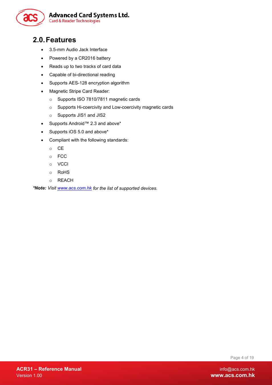 Features | ACS ACR31 Swipe Card Reader User Manual | Page 4 / 19