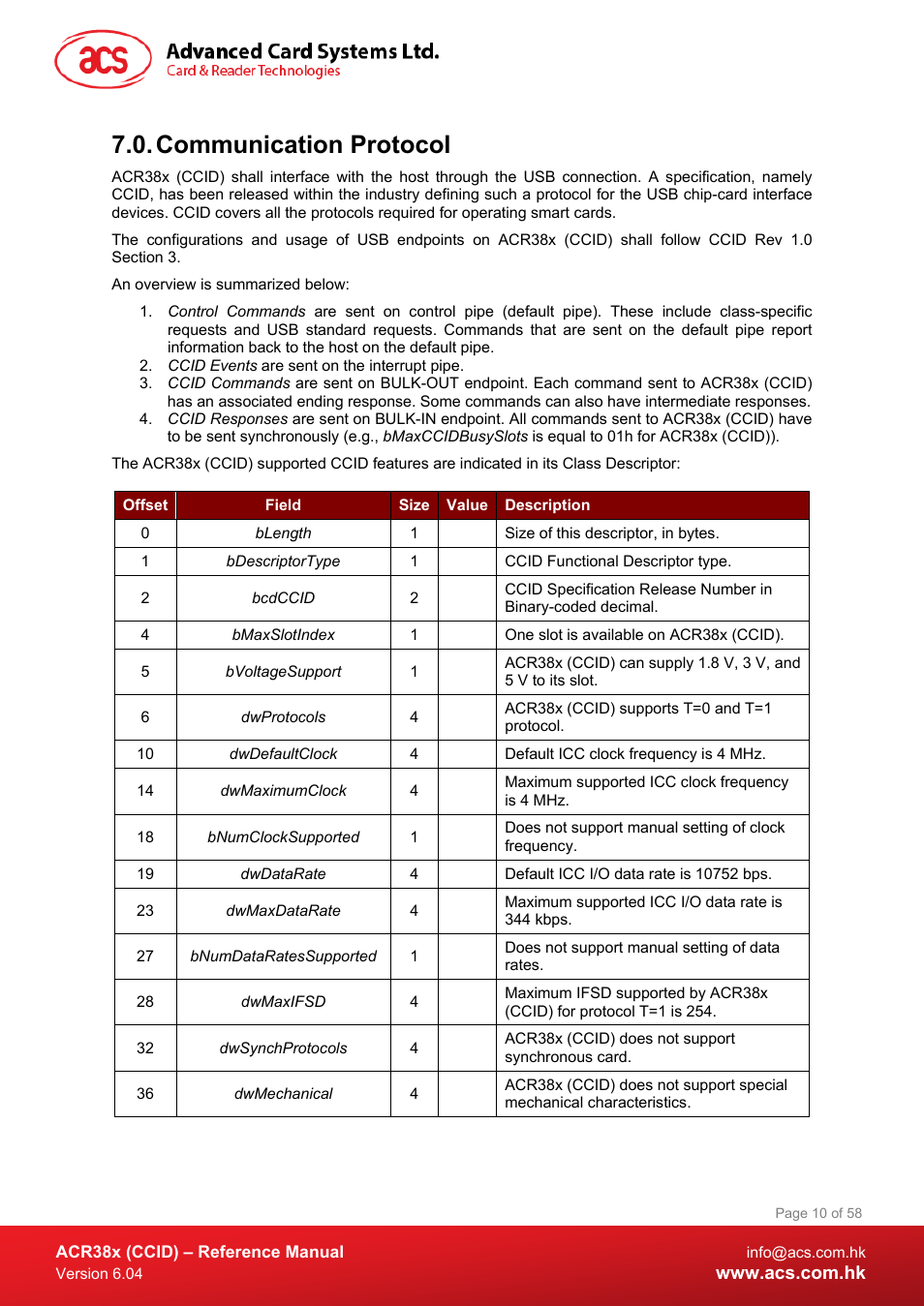 Communication protocol | ACS ACR38K Smart Keyboard User Manual | Page 10 / 58