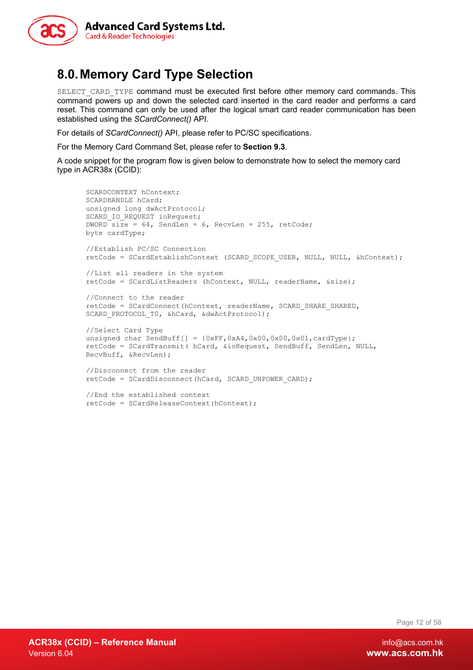 Memory card type selection | ACS ACR38K Smart Keyboard User Manual | Page 12 / 58