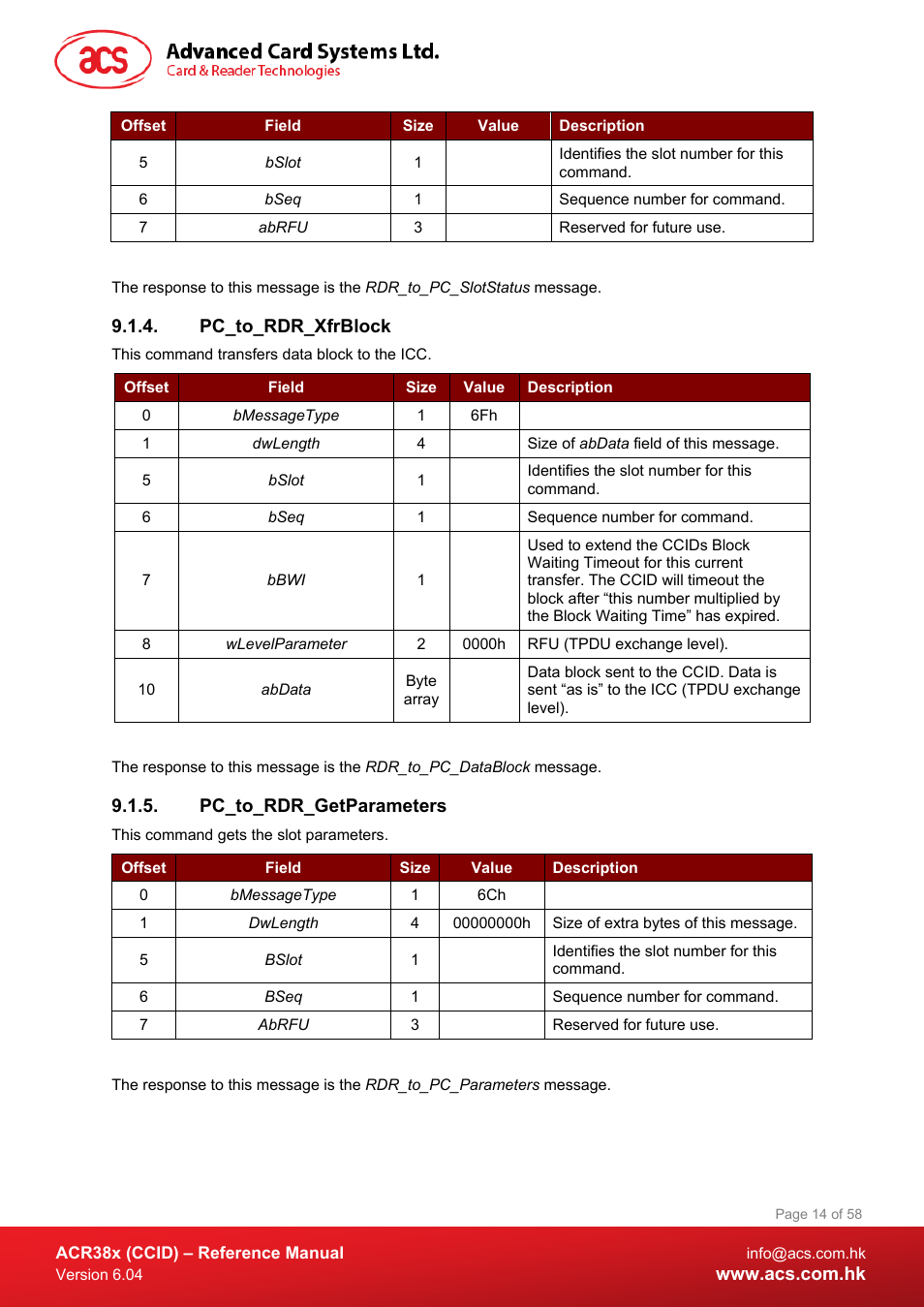 Pc_to_rdr_xfrblock, Pc_to_rdr_getparameters | ACS ACR38K Smart Keyboard User Manual | Page 14 / 58