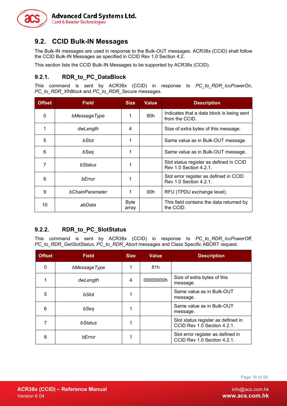 Ccid bulk-in messages, Rdr_to_pc_datablock, Rdr_to_pc_slotstatus | ACS ACR38K Smart Keyboard User Manual | Page 18 / 58