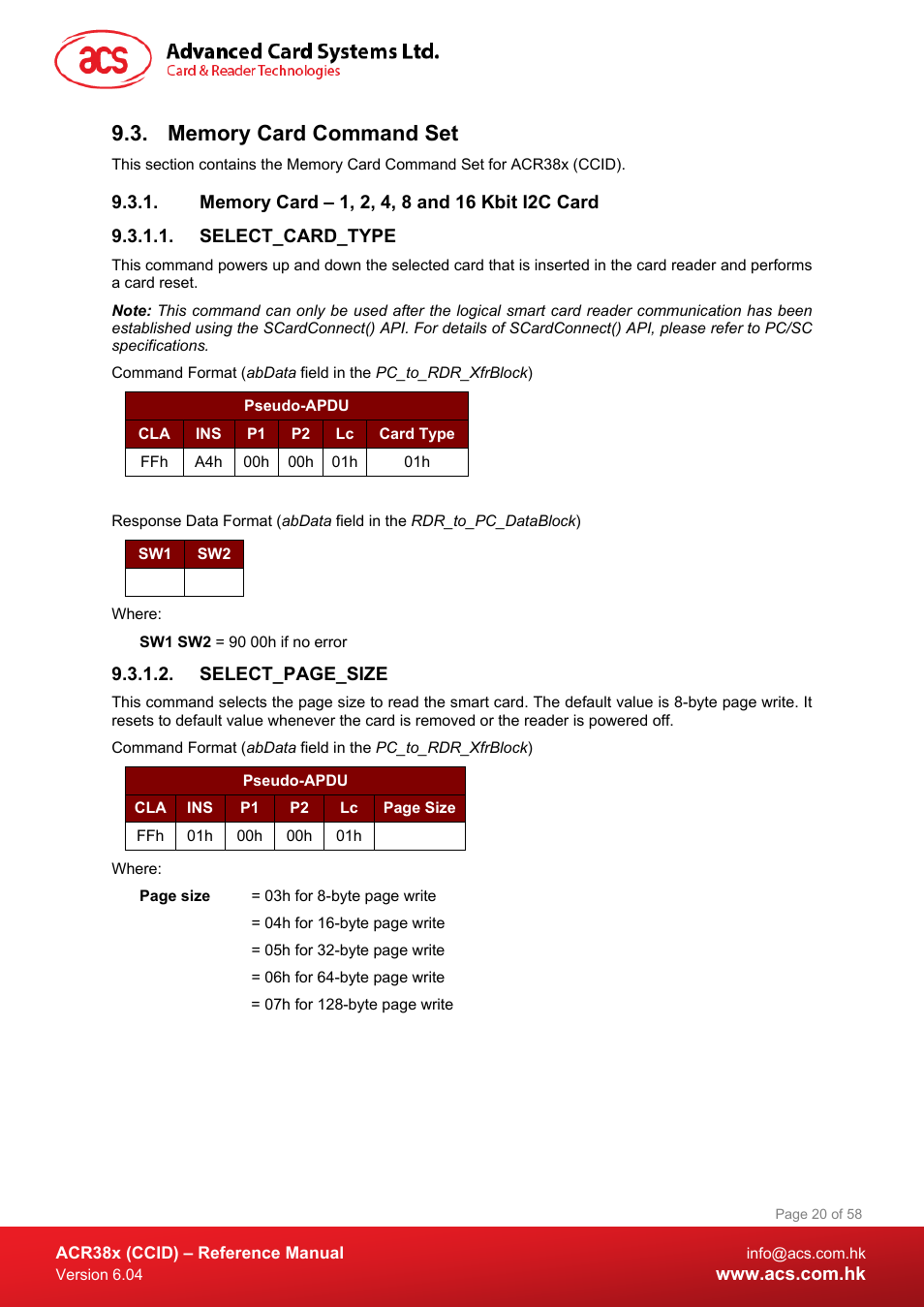 Memory card command set, Memory card – 1, 2, 4, 8 and 16 kbit i2c card, Select_card_type | ACS ACR38K Smart Keyboard User Manual | Page 20 / 58