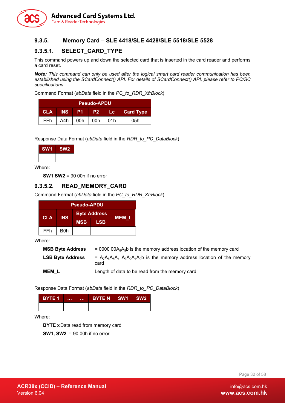 Memory card – sle 4418/sle 4428/sle 5518/sle 5528, Select_card_type, Read_memory_card | ACS ACR38K Smart Keyboard User Manual | Page 32 / 58