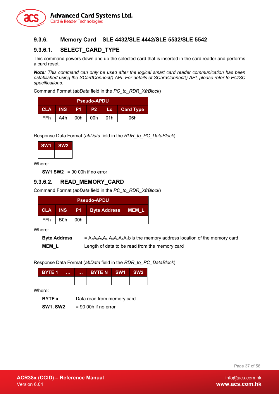 Memory card – sle 4432/sle 4442/sle 5532/sle 5542, Select_card_type, Read_memory_card | ACS ACR38K Smart Keyboard User Manual | Page 37 / 58