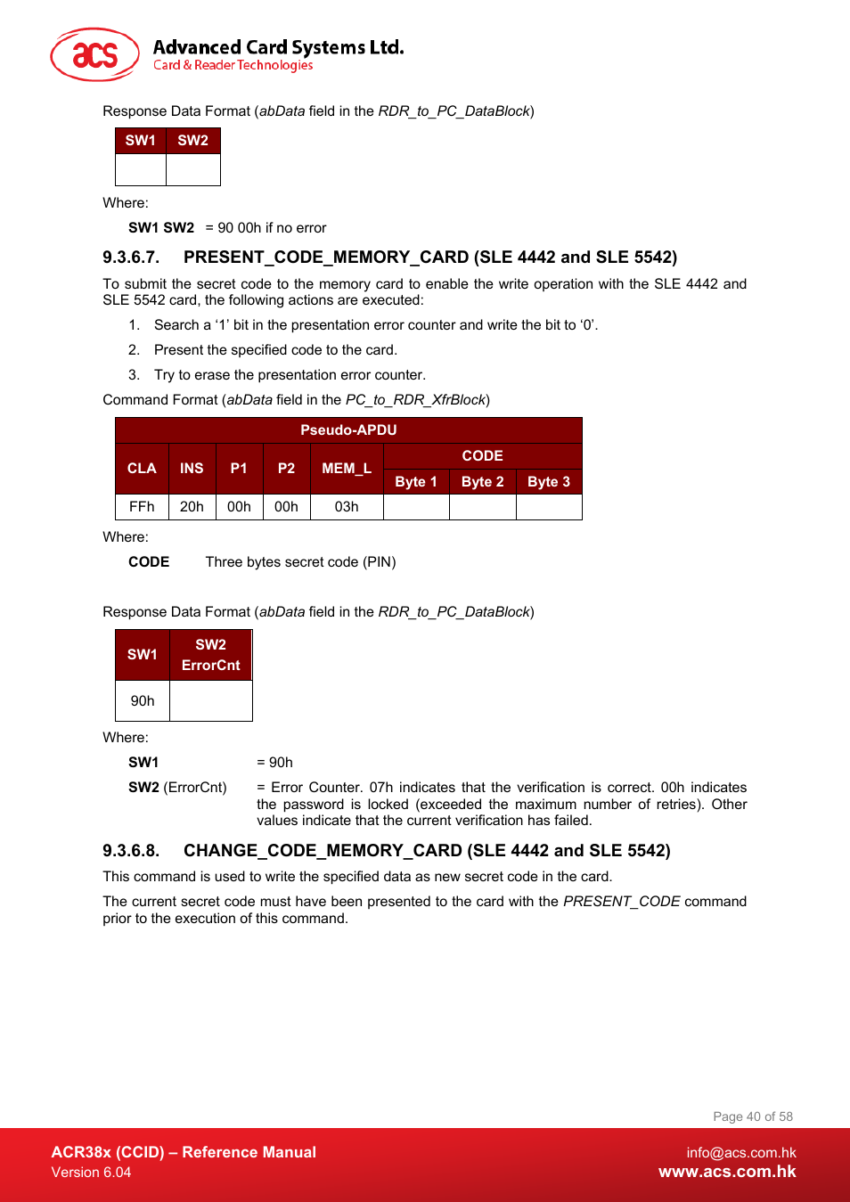 Present_code_memory_card (sle 4442 and sle 5542), Change_code_memory_card (sle 4442 and sle 5542) | ACS ACR38K Smart Keyboard User Manual | Page 40 / 58