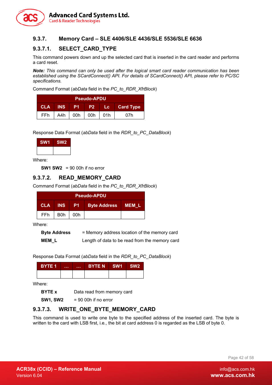 Memory card – sle 4406/sle 4436/sle 5536/sle 6636, Select_card_type, Read_memory_card | Write_one_byte_memory_card | ACS ACR38K Smart Keyboard User Manual | Page 42 / 58