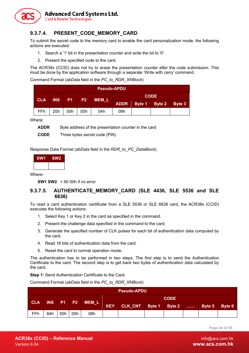 Present_code_memory_card | ACS ACR38K Smart Keyboard User Manual | Page 44 / 58