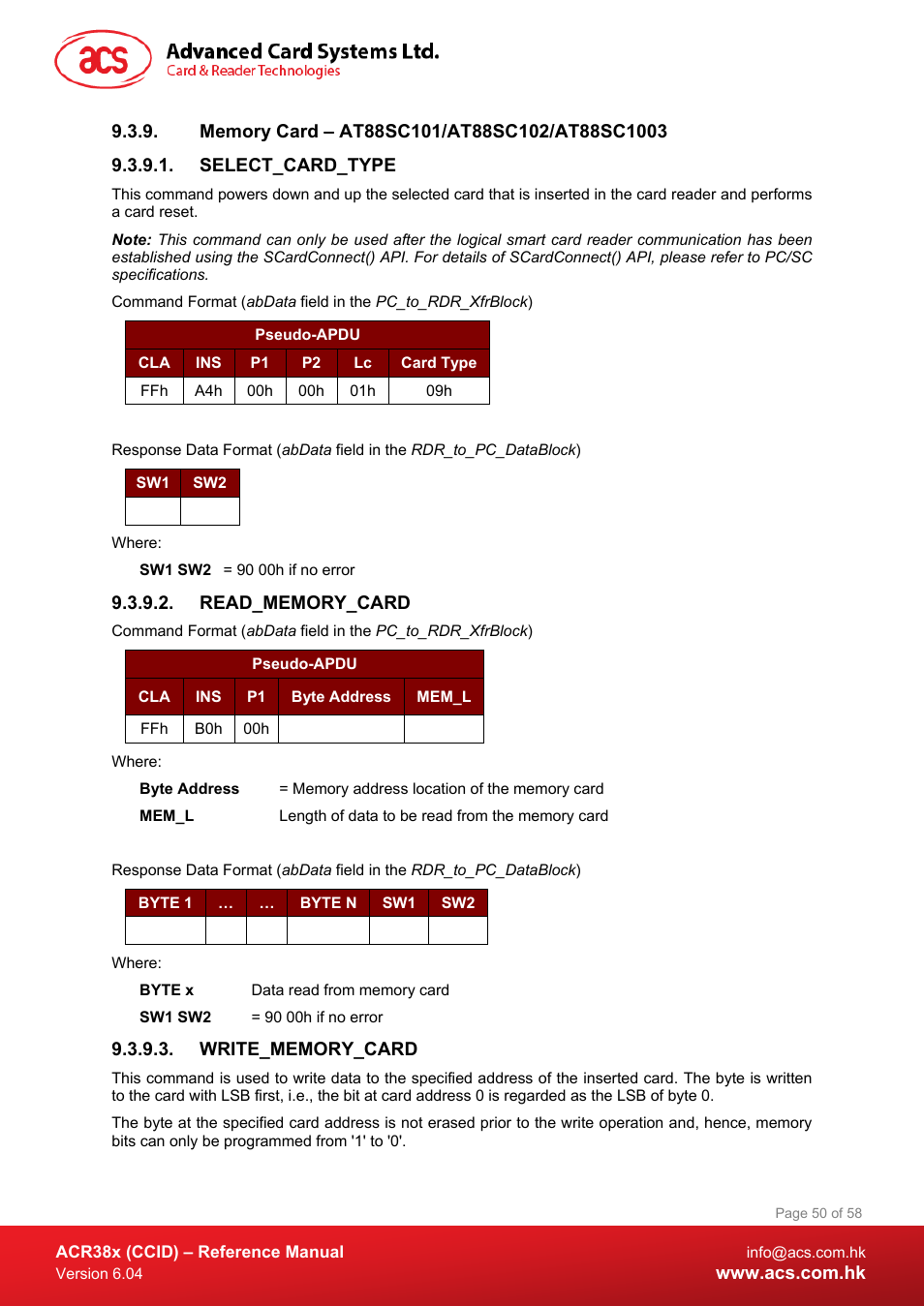 Memory card – at88sc101/at88sc102/at88sc1003, Select_card_type, Read_memory_card | Write_memory_card | ACS ACR38K Smart Keyboard User Manual | Page 50 / 58