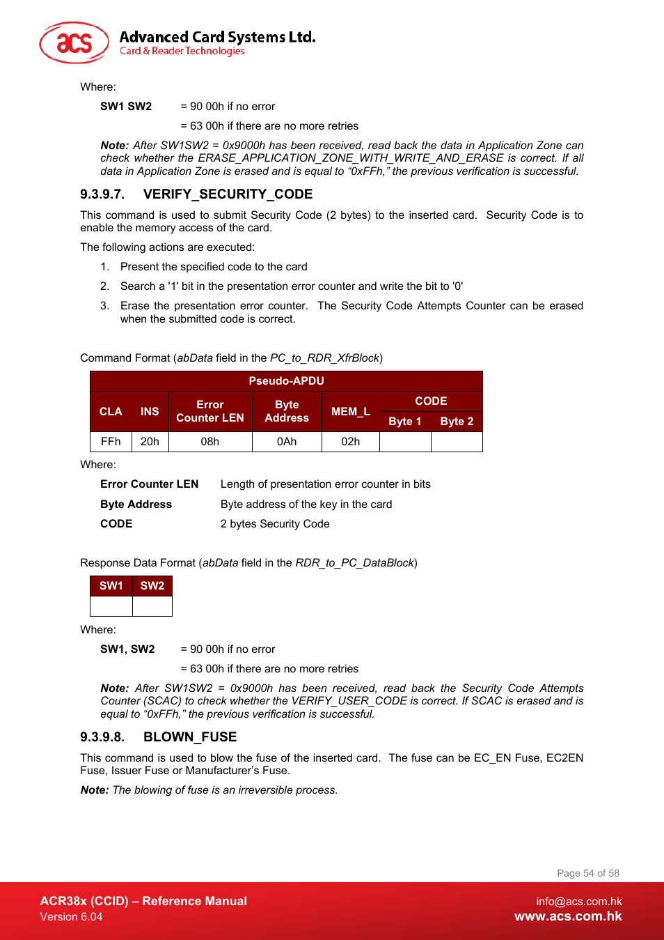 Verify_security_code, Blown_fuse | ACS ACR38K Smart Keyboard User Manual | Page 54 / 58