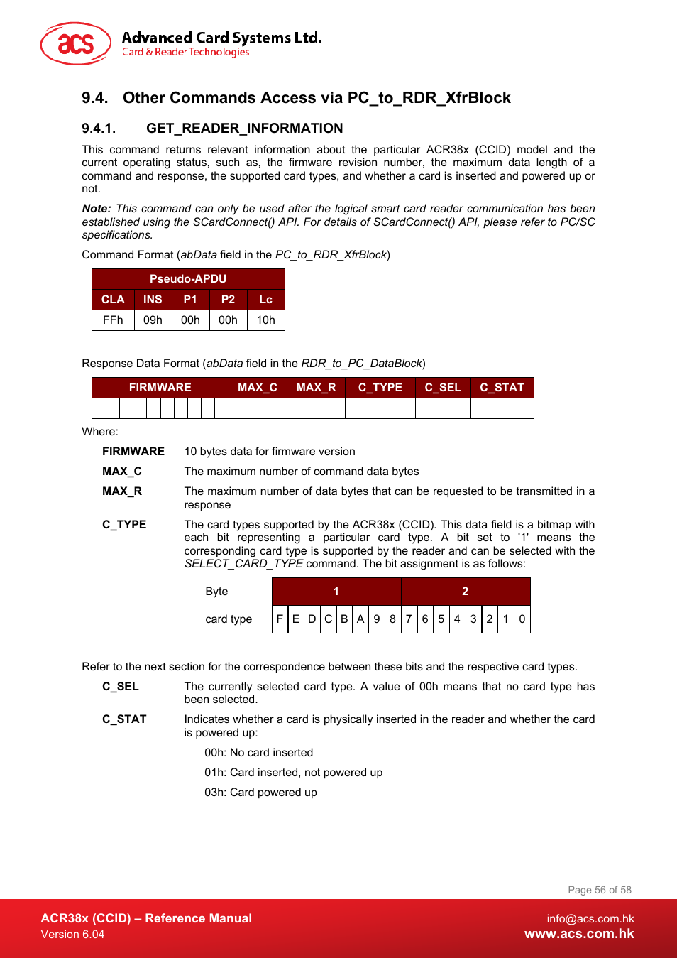 Other commands access via pc_to_rdr_xfrblock, Get_reader_information | ACS ACR38K Smart Keyboard User Manual | Page 56 / 58