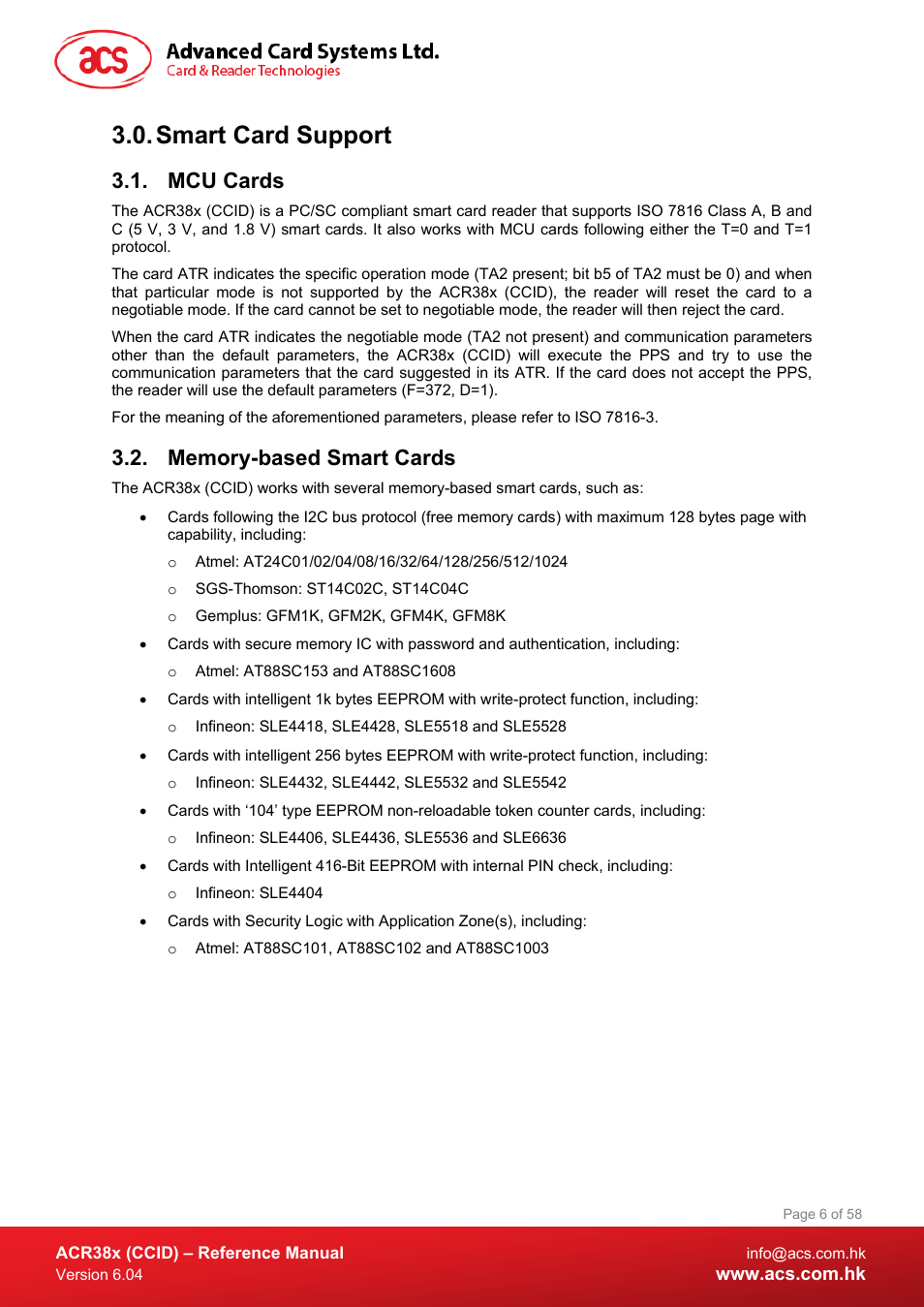 Smart card support, Mcu cards, Memory-based smart cards | ACS ACR38K Smart Keyboard User Manual | Page 6 / 58