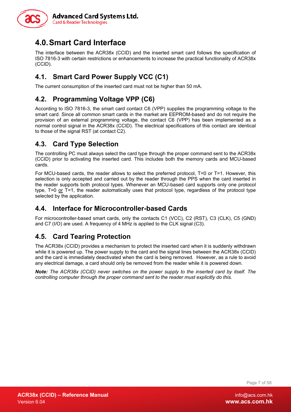 Smart card interface, Smart card power supply vcc (c1), Programming voltage vpp (c6) | Card type selection, Interface for microcontroller-based cards, Card tearing protection | ACS ACR38K Smart Keyboard User Manual | Page 7 / 58