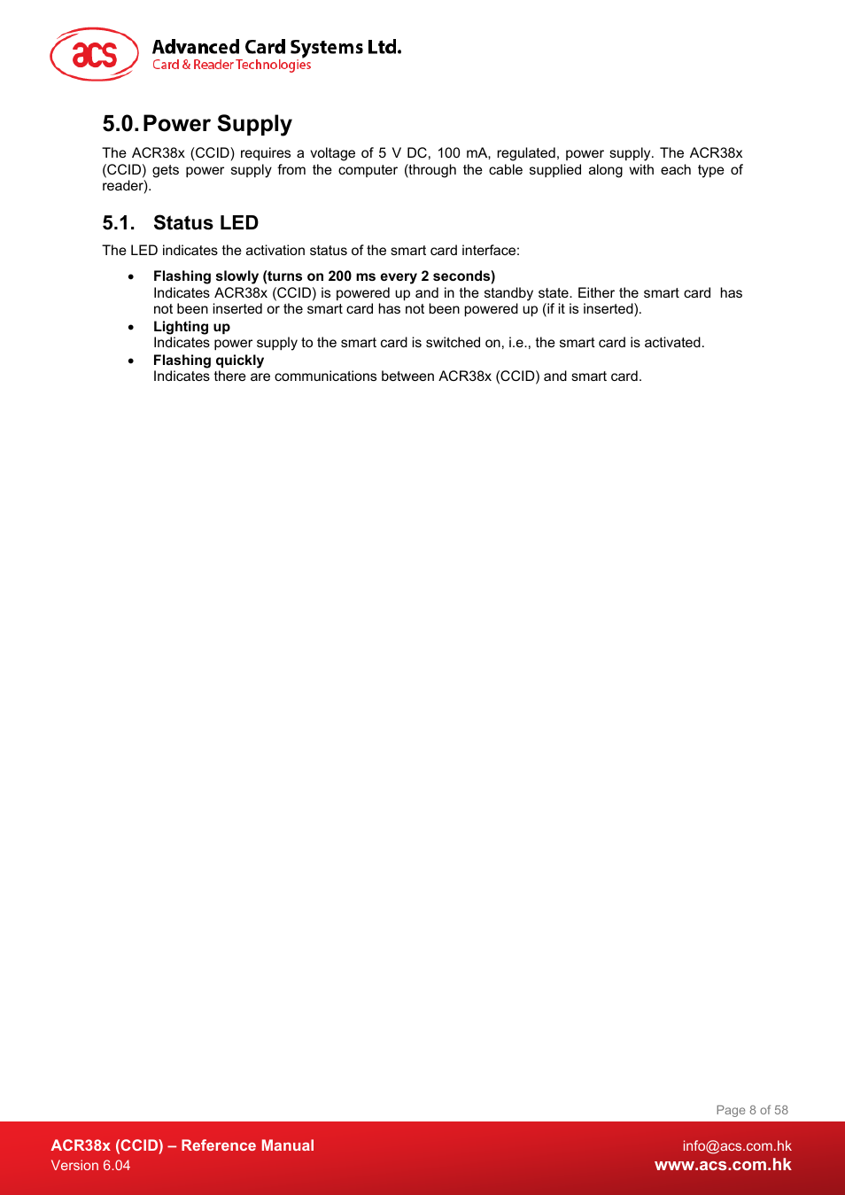 Power supply, Status led | ACS ACR38K Smart Keyboard User Manual | Page 8 / 58